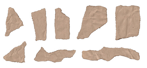 Burned crumpled kraft paper pieces texture set. Grunge rough natural page.