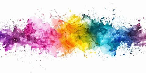 Vibrant watercolor splash in rainbow hues against a white backdrop, symbolizing creativity and diversity.