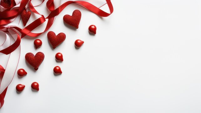 Red hearts and ribbon on white background, valentines day concept