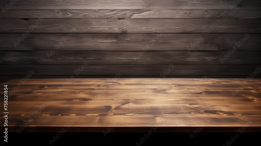 Aufkleber Empty wooden table in front of a wooden wall. Ideal for showcasing products or creating a rustic background