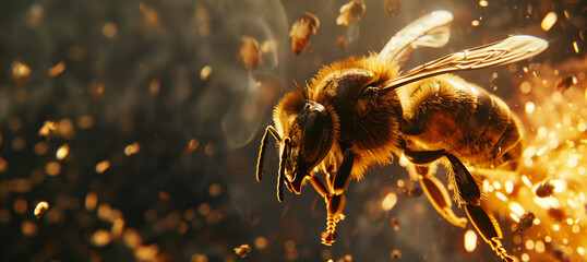 a bee flying away from an explosion, with copy space - obrazy, fototapety, plakaty