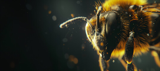 close up of a bee over a dark background with copy space - obrazy, fototapety, plakaty