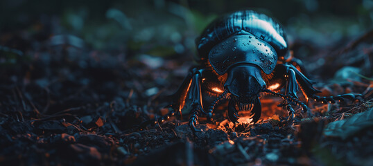 close up of a beetle resting over a warm red light with copy space - obrazy, fototapety, plakaty