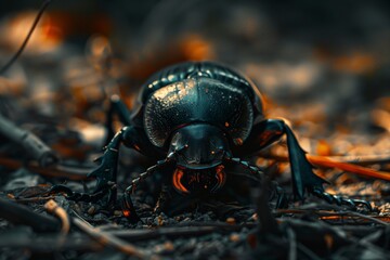 beetle on the forest floor - obrazy, fototapety, plakaty