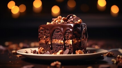Fototapeta na wymiar Delicious chocolate cake on a white plate. Perfect for dessert menu design
