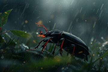beetle on a rainy day - obrazy, fototapety, plakaty