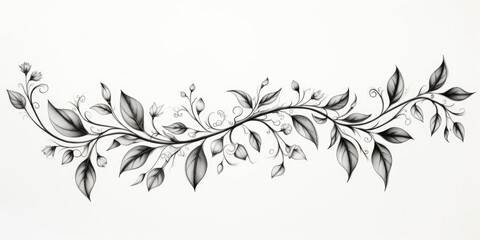 Detailed black and white illustration of a branch with leaves. Suitable for botanical references or nature-themed designs - obrazy, fototapety, plakaty