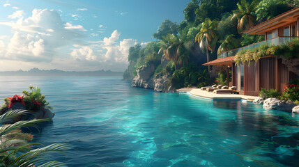 A private seaside retreat image with a calm ocean view, surrounded by lush vegetation and warm sunlight
