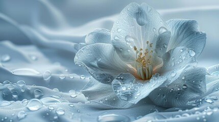  a close up of a white flower with drops of water on the petals and in the middle of the petals is water droplets.