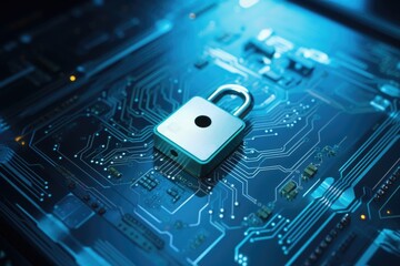 A padlock placed on top of a circuit board. Suitable for cybersecurity concepts