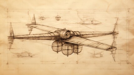 Abstract drawing presents ancient machine. Technical sketch reveals old mechanism.