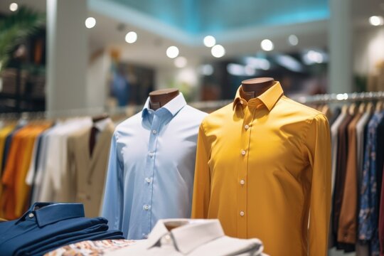 Three shirts displayed on a rack in a clothing store. Ideal for fashion and retail concepts