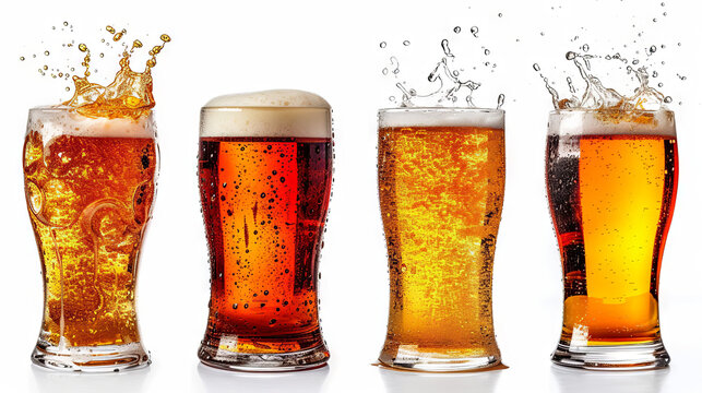 four Beer glasses with splashes against a white backdrop