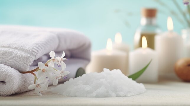 Stack of white towels on a table, ideal for bathroom or spa themes