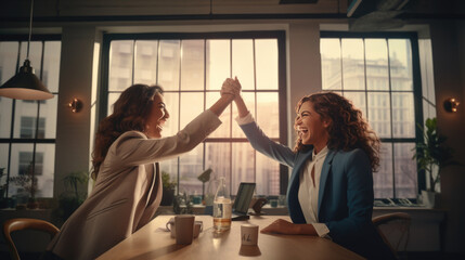 Two professional women are seated opposite each other at a desk in a modern office, smiling and giving each other a high-five