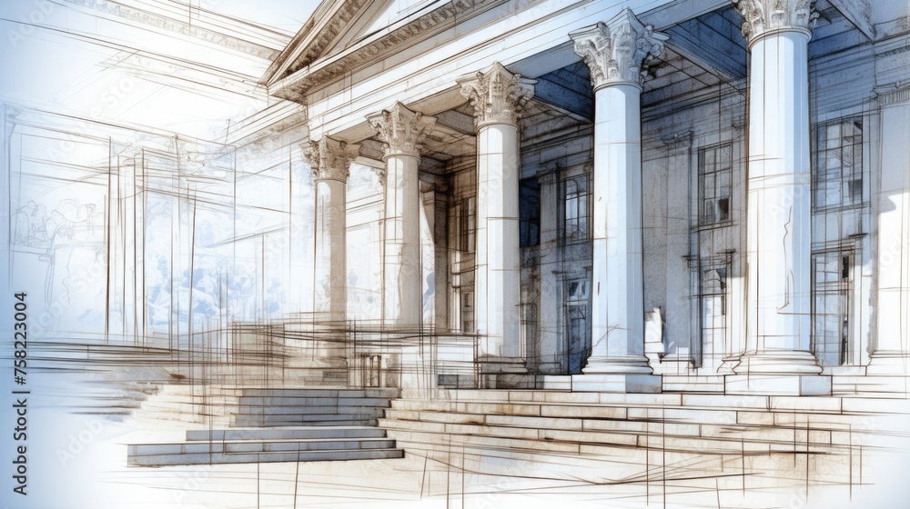 Poster Architectural drawing of a building with columns and steps. Suitable for educational materials or historical publications