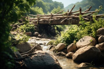 Peaceful wooden bridge over flowing stream, perfect for nature or travel concepts