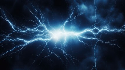 A striking blue lightning bolt against a dark sky. Perfect for weather and power concept designs - obrazy, fototapety, plakaty