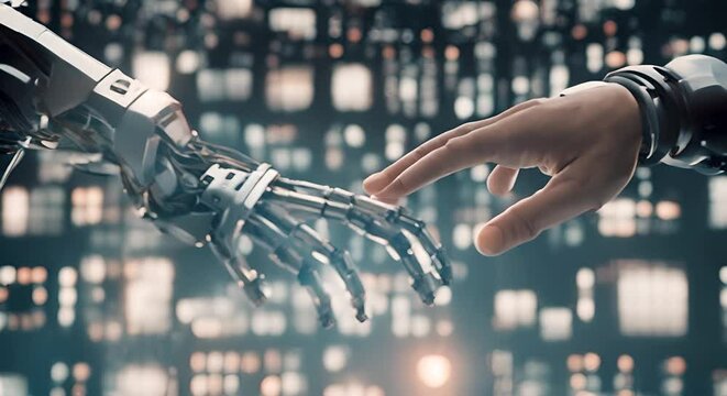Human hand and robot hand touching each other.