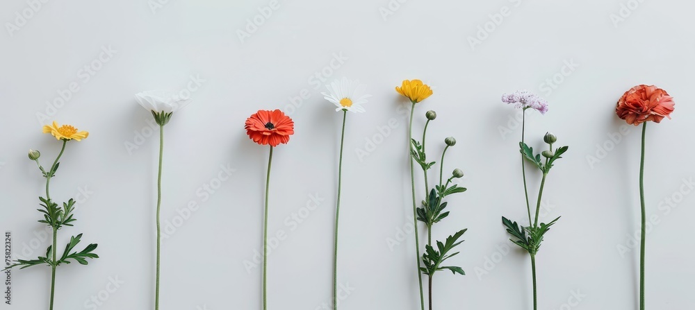 Poster diverse colorful flowers on white background with abundant space for customizable text placement