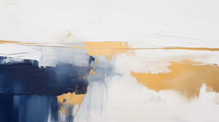 Tableau d'art. Peinture bleu, doré et or. Fond blanc. Art, trace de pinceaux, tâches, mouvement. Art moderne, contemporain. Pour conception et création graphique.