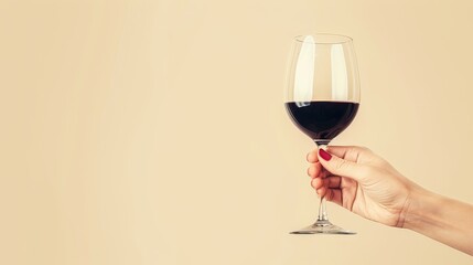 Side view of hand holding red wine glass on pastel background with space for text