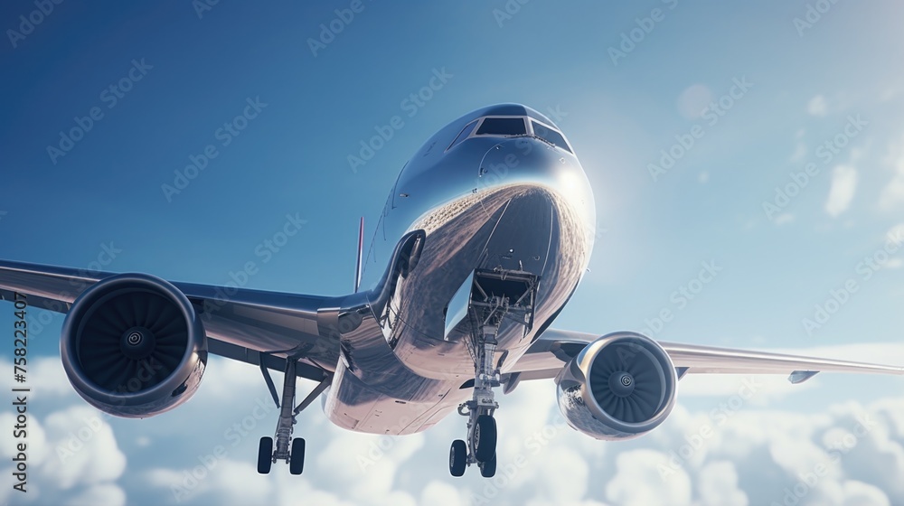 Poster a large jetliner soaring through a clear blue sky. suitable for travel and transportation concepts