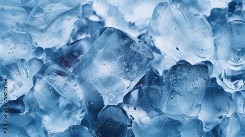 Poster a pile of ice cubes on a table, perfect for summer refreshment concepts