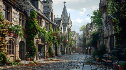 A picturesque cobblestone alley lined with traditional European buildings and flora, evoking history