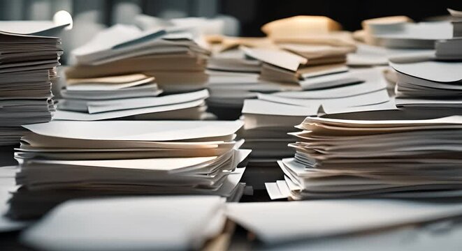 Pile of papers in the office. Overwork.