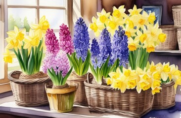 spring flowers daffodils and hyacinths in natural pots. watercolor illustration