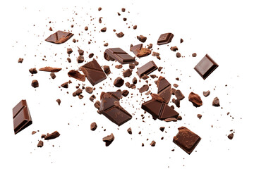 Various types of delicious chocolate falling with choc flake isolated on transparent background...