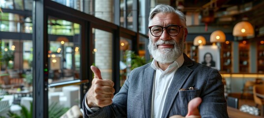 Confident male customer service rep with gray beard in call center office with motivational decor