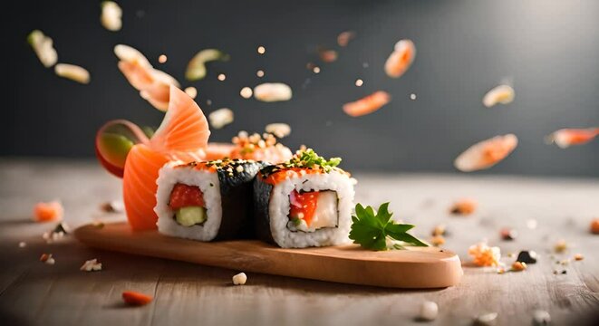Pieces of fresh Japanese sushi.