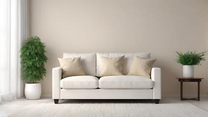 the interior is a light white sofa on the background of an empty wall
