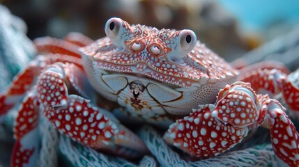 a close up of a red and white crab with white dots on it's body and a blue background. - obrazy, fototapety, plakaty