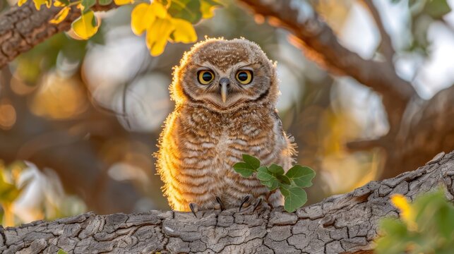  a small owl sitting on a branch of a tree looking at the camera with a curious look on its face.