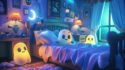 Ghostly apparitions and nightmare friends in a chilling bedtime setting - obrazy, fototapety, plakaty