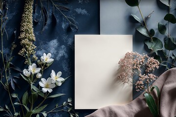 A flat lay composition featuring an empty blank white card on a dark blue background, adorned with eucalyptus leaves, delicate flowers, greenery, and linen pink drapery. - 758224036