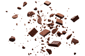 Various types of delicious chocolate falling with choc flake isolated on transparent background Remove png, Clipping Path, pen tool