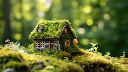Miniature house covered with moss and greenery, set in a lush, mossy landscape with beams of sunlight filtering through the background.