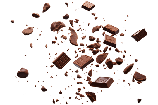 Various types of delicious chocolate falling with choc flake isolated on transparent background Remove png, Clipping Path, pen tool