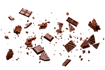 Various types of delicious chocolate falling with choc flake isolated on transparent background Remove png, Clipping Path, pen tool