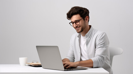Happy young man working on a laptop against grey background