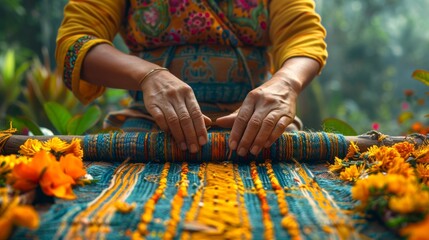  a close up of a person working on a piece of cloth with flowers on the ground in front of them. - obrazy, fototapety, plakaty