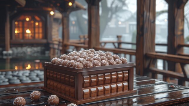  a wooden box filled with donuts sitting on top of a wooden table in front of a window covered in frosting.