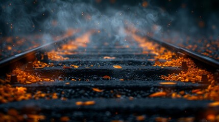  a close up of a train track with a lot of fire and smoke coming out of the top of it. - obrazy, fototapety, plakaty