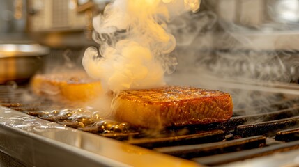  a piece of meat cooking on a grill with smoke coming out of the top and on the side of the grill.