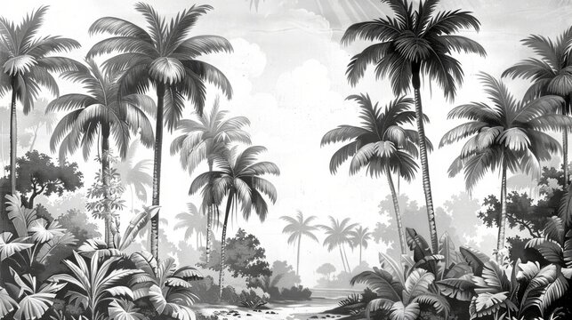  a black and white photo of a tropical scene with palm trees and a stream in the middle of the jungle.