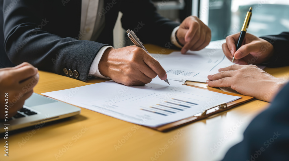 Poster close-up view of hands signing a document, with multiple individuals engaged in a business meeting a